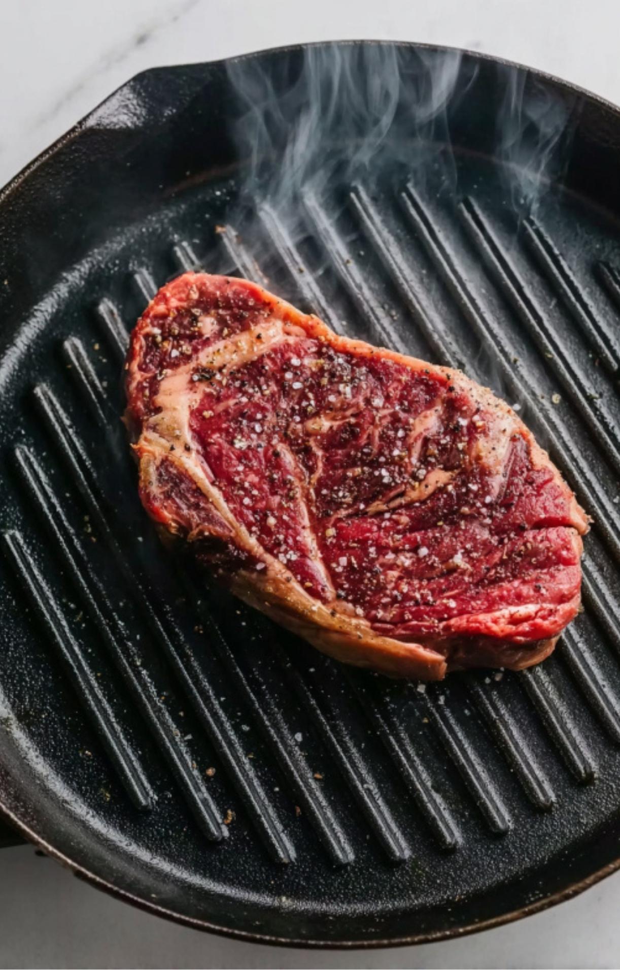 Thick raw steak sprinkled with salt and pepper, sizzling on a hot black grill pan with steam rising.