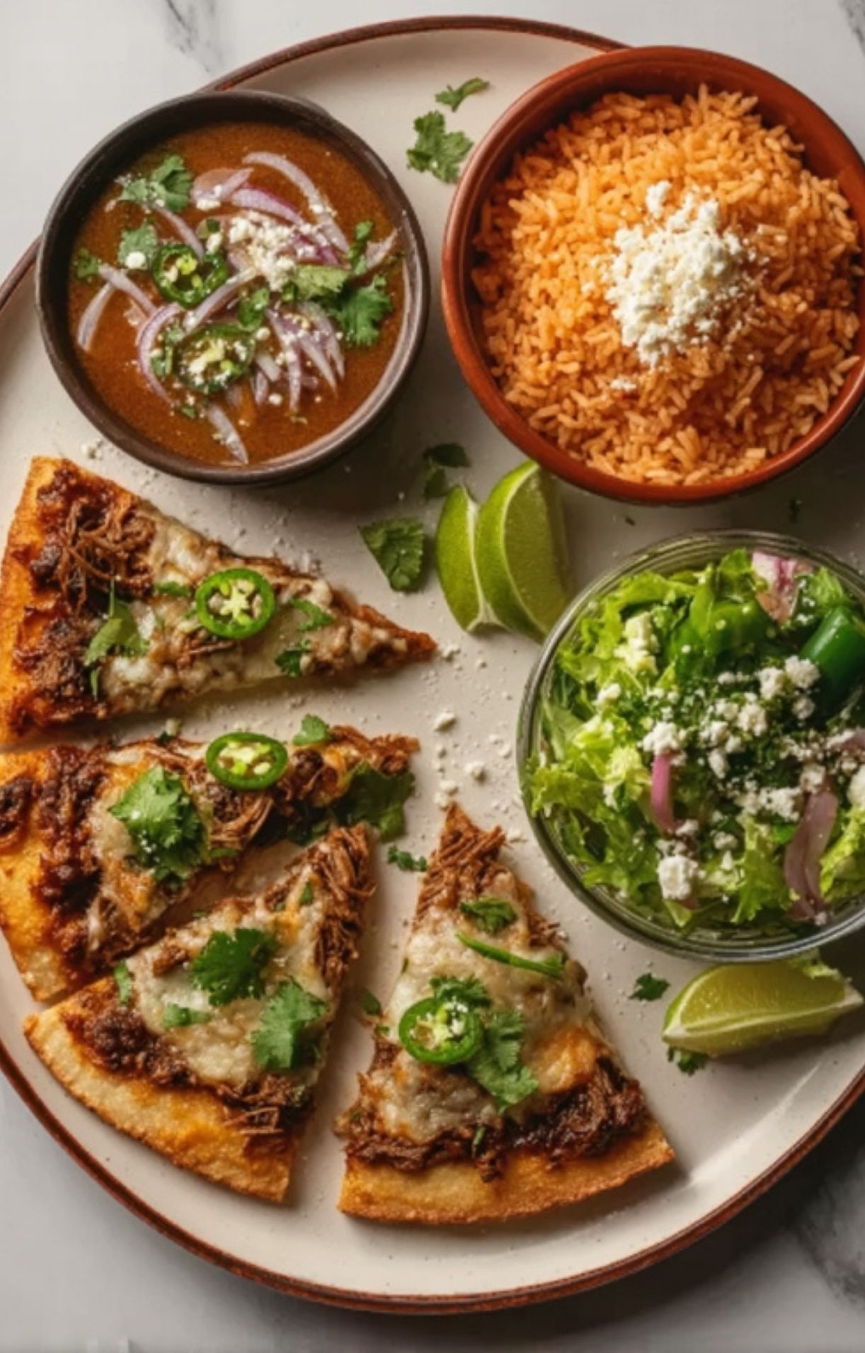 A full meal featuring pizza slices, a bowl of consommé, Mexican rice, and a side salad.