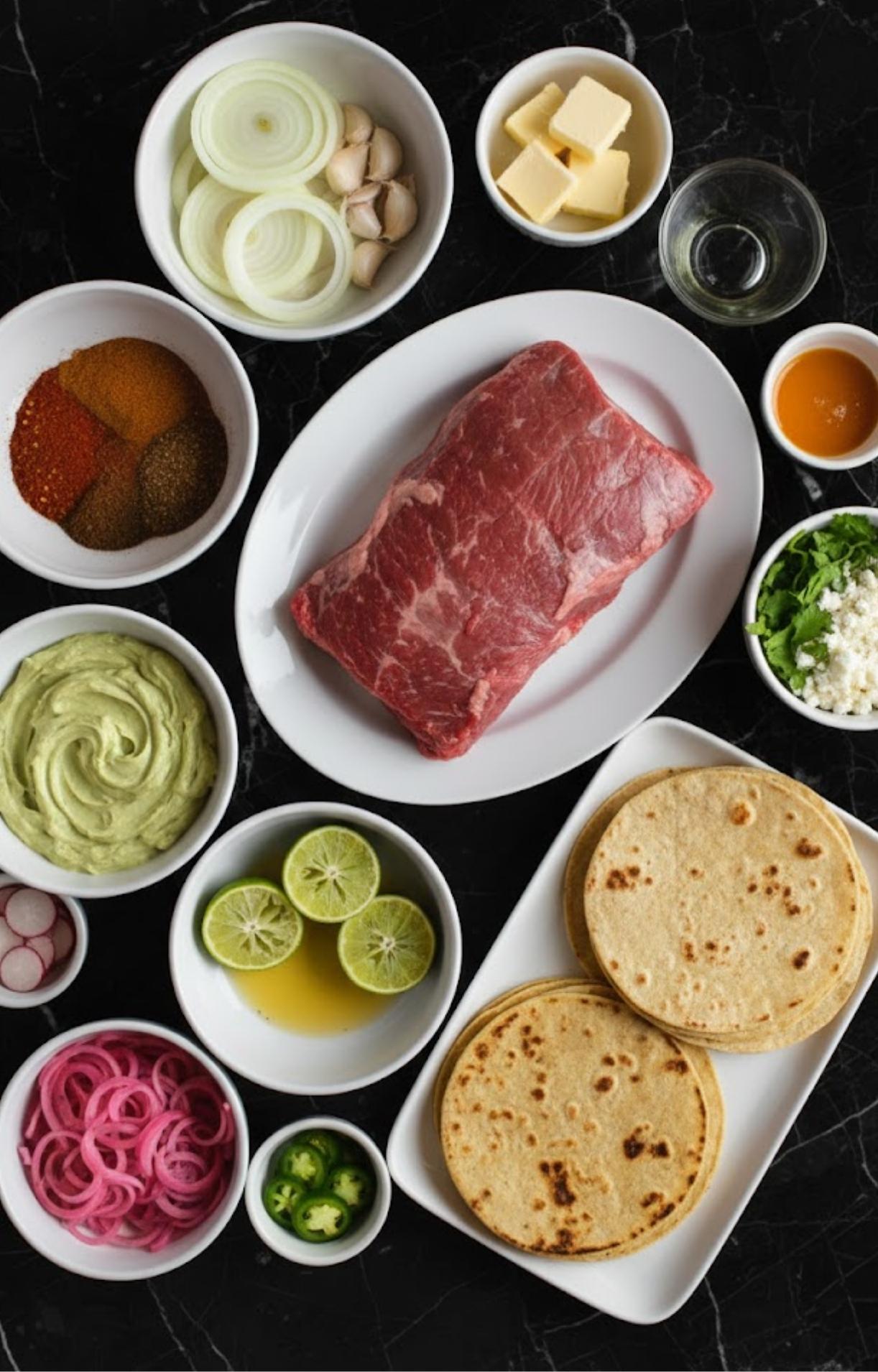 An overhead flat-lay showing all necessary ingredients including the raw beef, spices, tortillas, pickled onions, lime, garlic, and avocado crema.