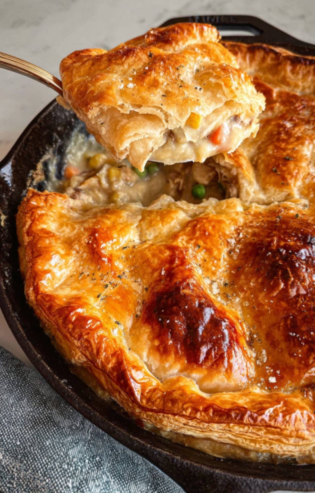 A close-up of the finished pie in the skillet with a flaky, golden-brown crust and a serving being removed.