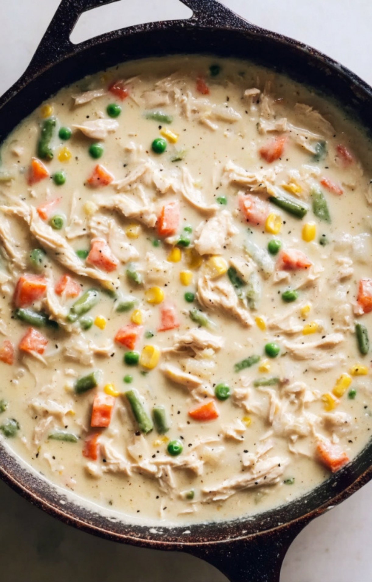 The completed Smoked Turkey Pot Pie filling fully combined and ready for the crust.
