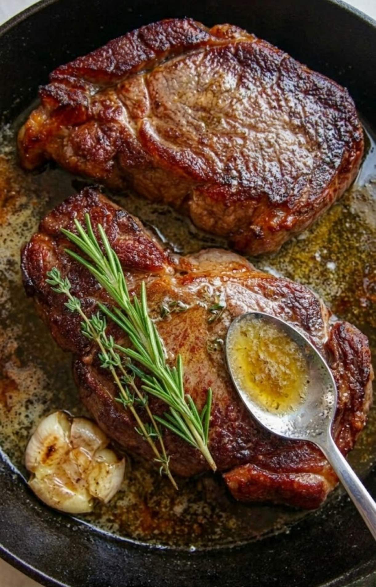 A stainless steel spoon basting a seared rib eye steak with herb-infused butter, garlic, and rosemary in a cast iron skillet.