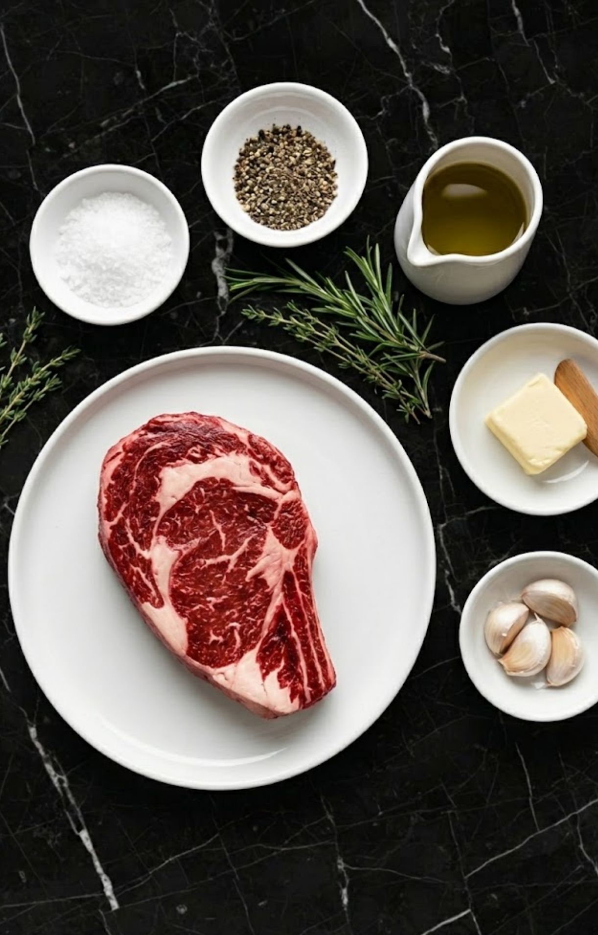 A raw, marbled dry aged rib eye steak on a white plate surrounded by small bowls of sea salt, black peppercorns, olive oil, butter, garlic cloves, and fresh rosemary and thyme.