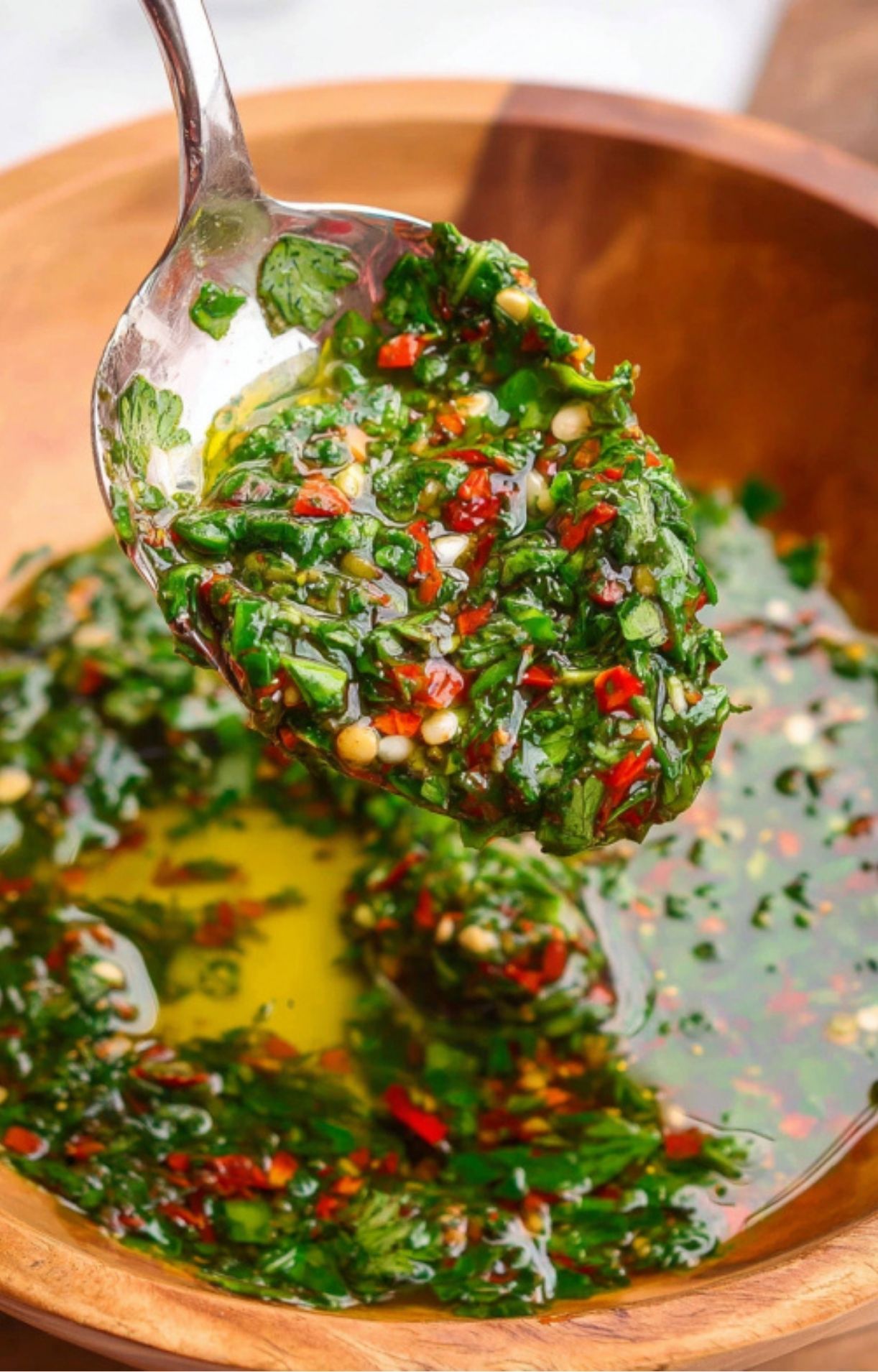 A spoonful of homemade chimichurri sauce with chopped herbs, red chili, and olive oil held over a wooden bowl.