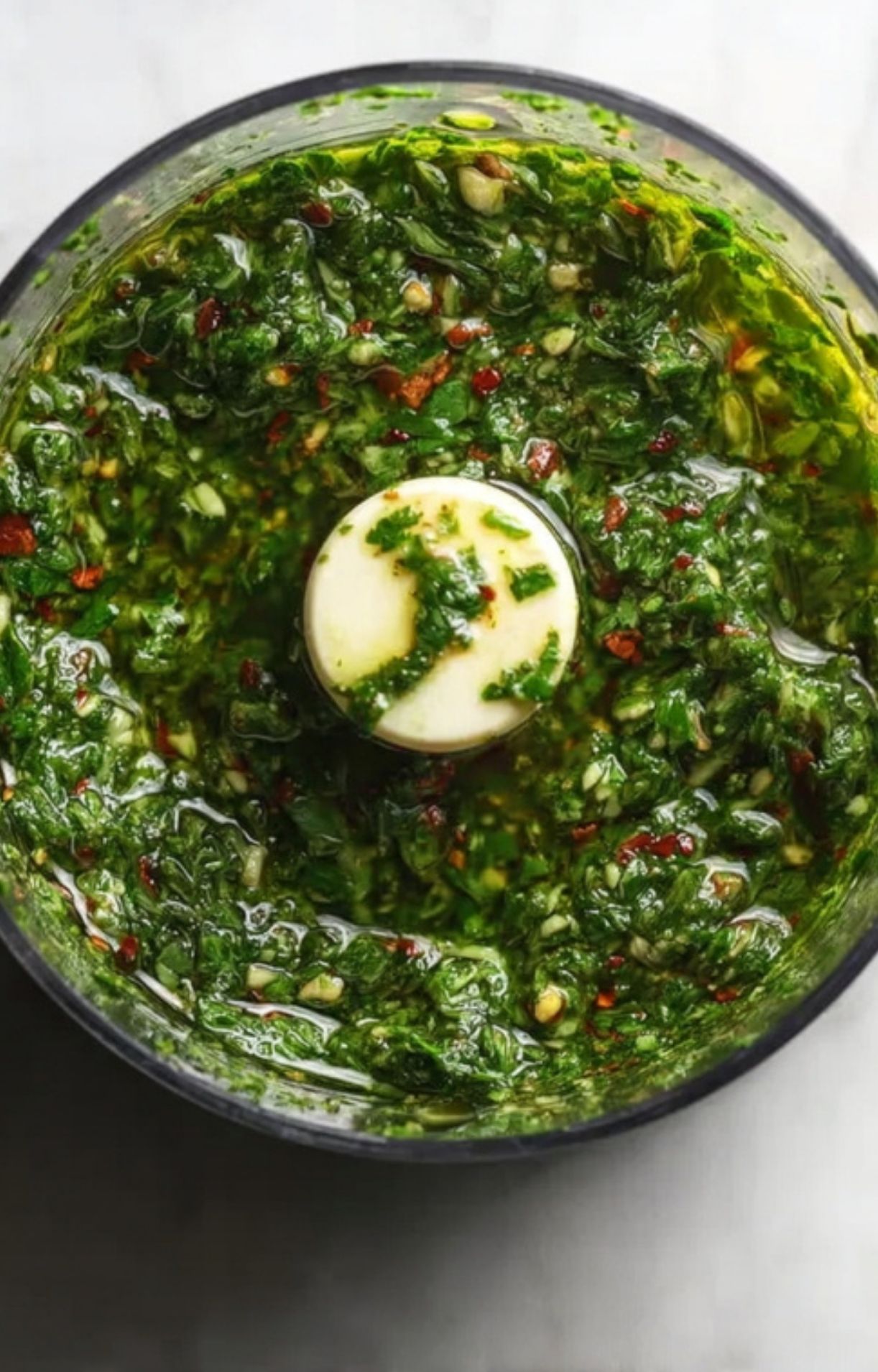 Homemade chimichurri sauce with cilantro, parsley, and olive oil in a food processor. Vibrant, zesty, and ready in minutes.
