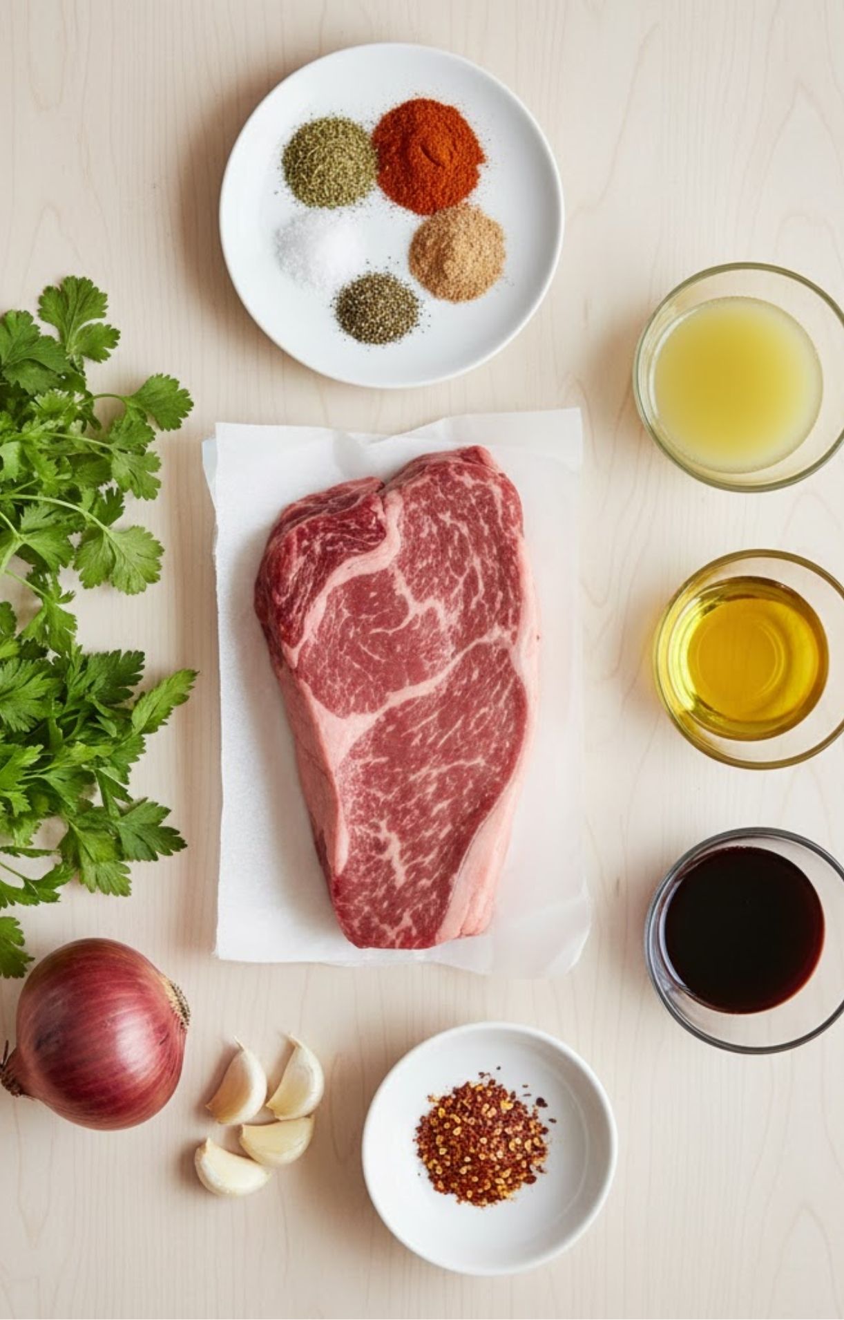 A flat lay of a raw steak, fresh parsley and cilantro, a red onion, garlic cloves, olive oil, vinegar, and small bowls of dried spices including paprika and red pepper flakes.