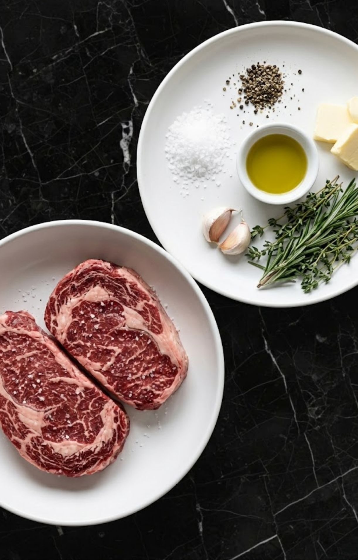 Raw rib eye steaks on a white plate next to ingredients: sea salt, black peppercorns, butter, olive oil, garlic, and fresh herbs.