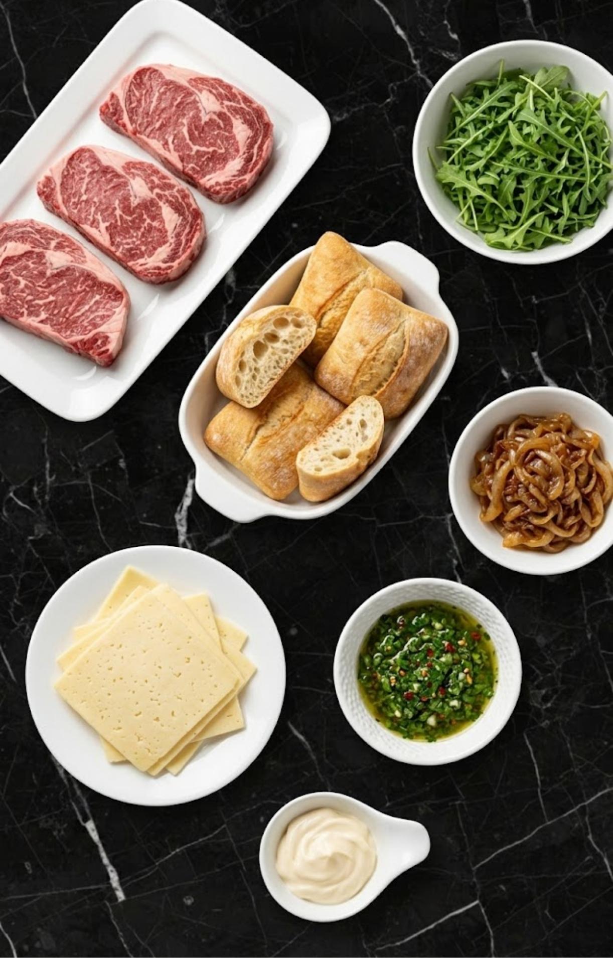 An overhead view of raw ribeye steaks, ciabatta rolls, sliced cheese, arugula, caramelized onions, chimichurri, and aioli on a black marble surface.
