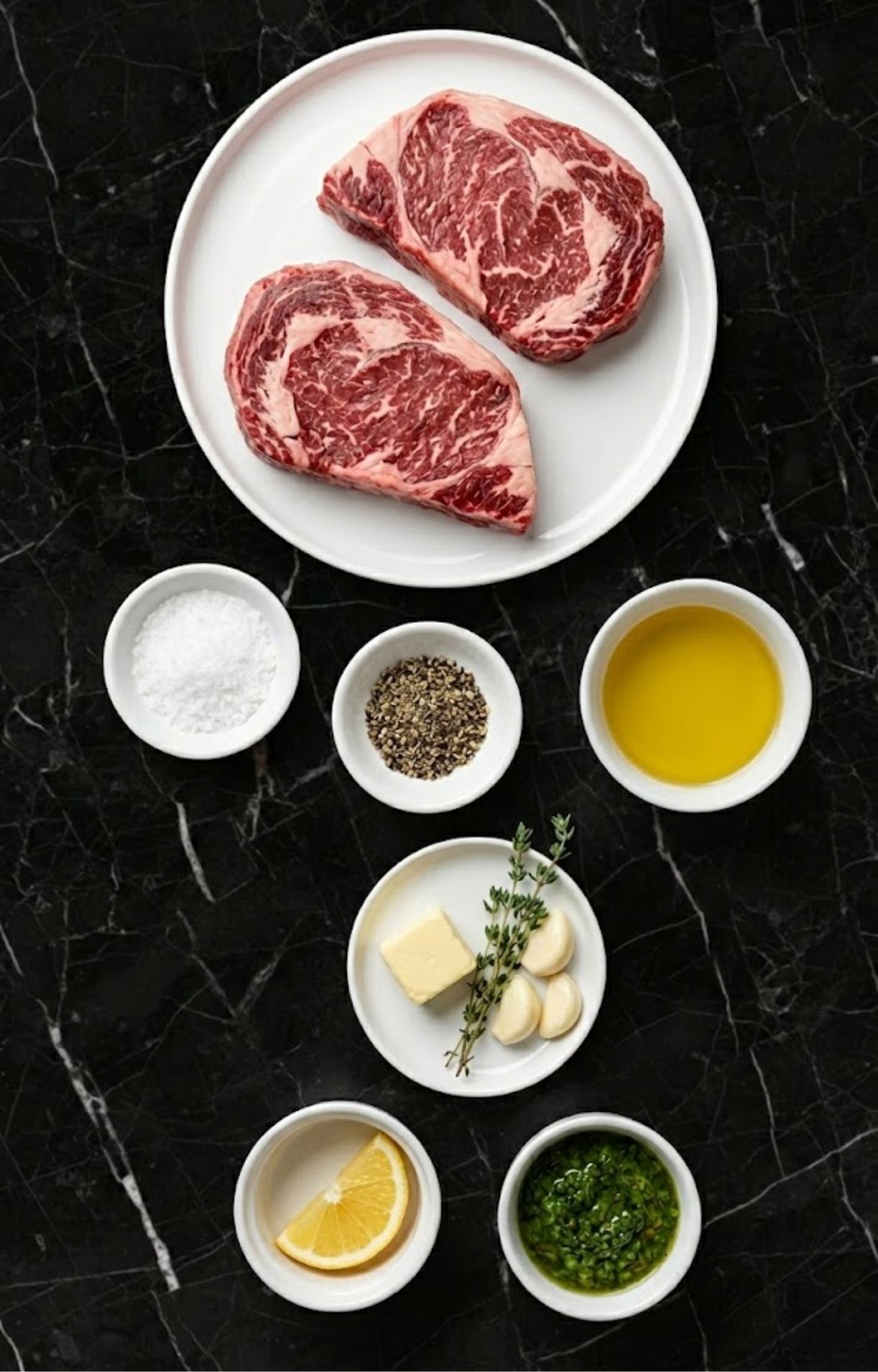 Flat lay on Nero Marquina marble showing raw rib eye steak, olive oil, butter, garlic, rosemary, salt, pepper, and chimichurri.