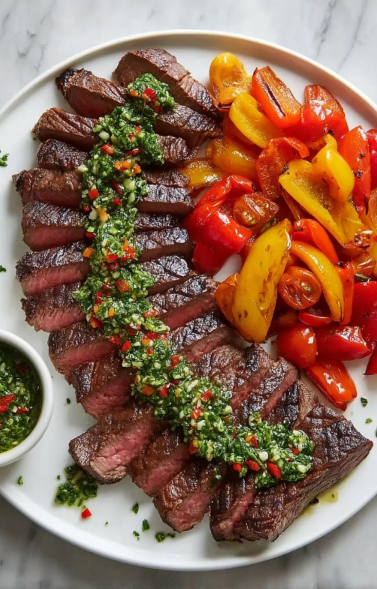 Plate of sliced bavette steak topped with green chimichurri sauce, served with roasted red and yellow peppers.