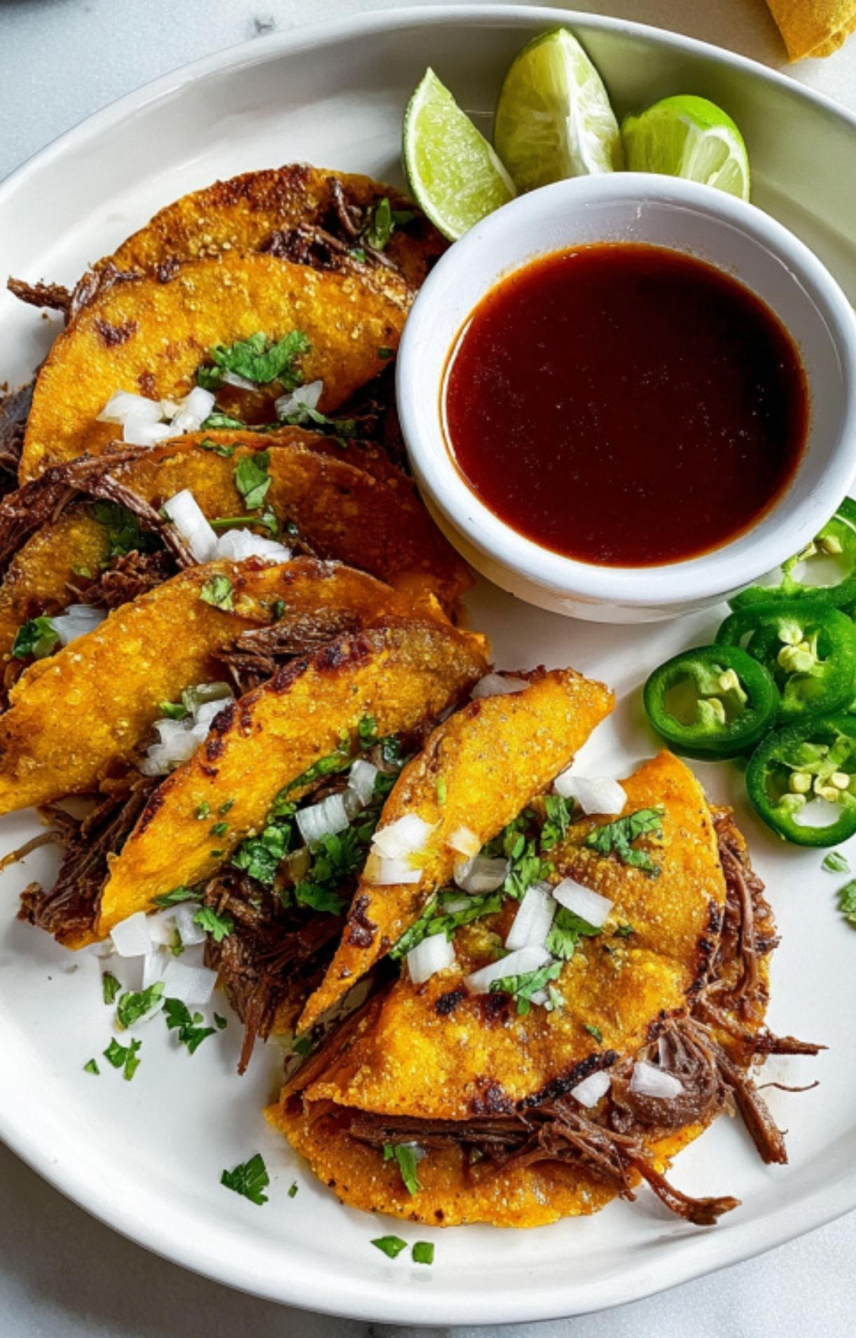 A top-down view of five plated birria tacos arranged next to a bowl of dipping broth, limes, and jalapeño slices.
