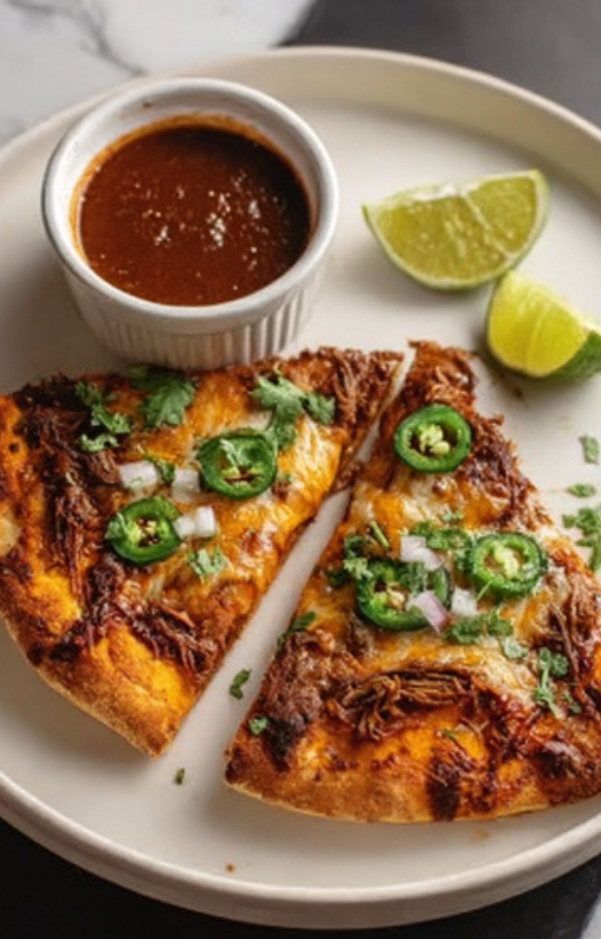 Two triangular slices of Birria Taco Pizza served with lime wedges and a side of dipping sauce.