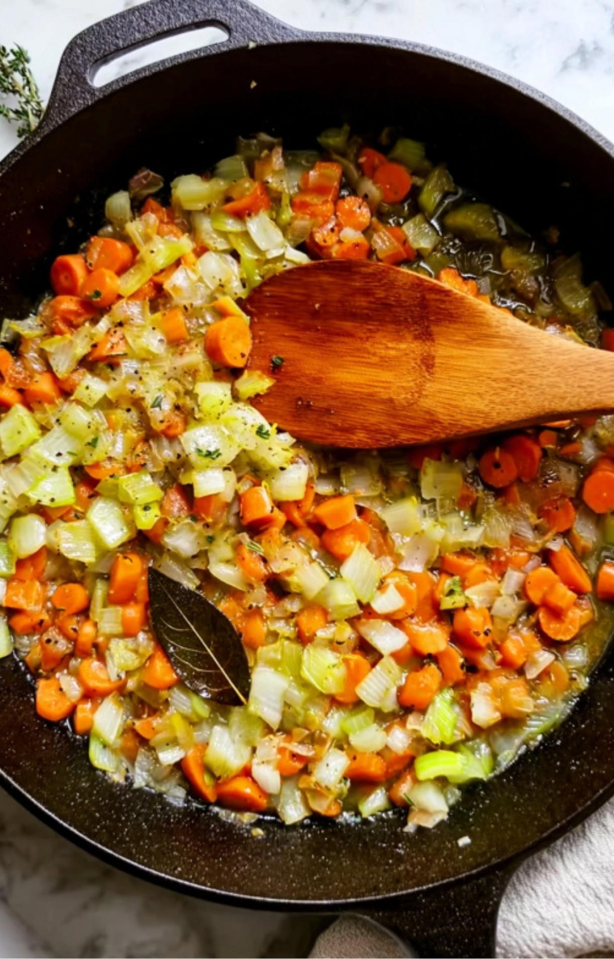 A cast-iron skillet filled with sautéed diced carrots, celery, and onions with a bay leaf and wooden spoon for Gluten Free Turkey Pot Pie.
