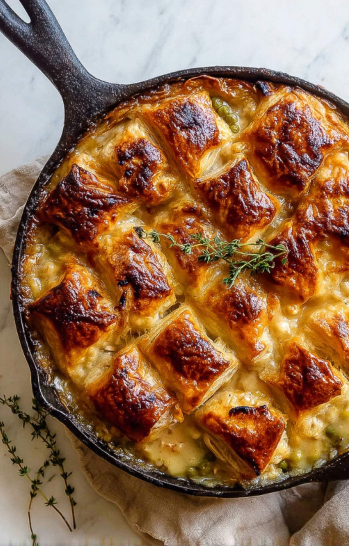 A top-down view of the Smoked Turkey Pot Pie straight from the oven with a flaky, dark golden crust.