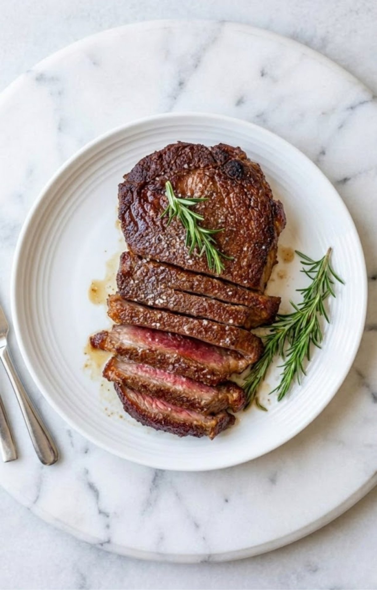 A top-down view of a perfectly sliced rib eye steak on a white plate, garnished with fresh rosemary and sea salt flakes.