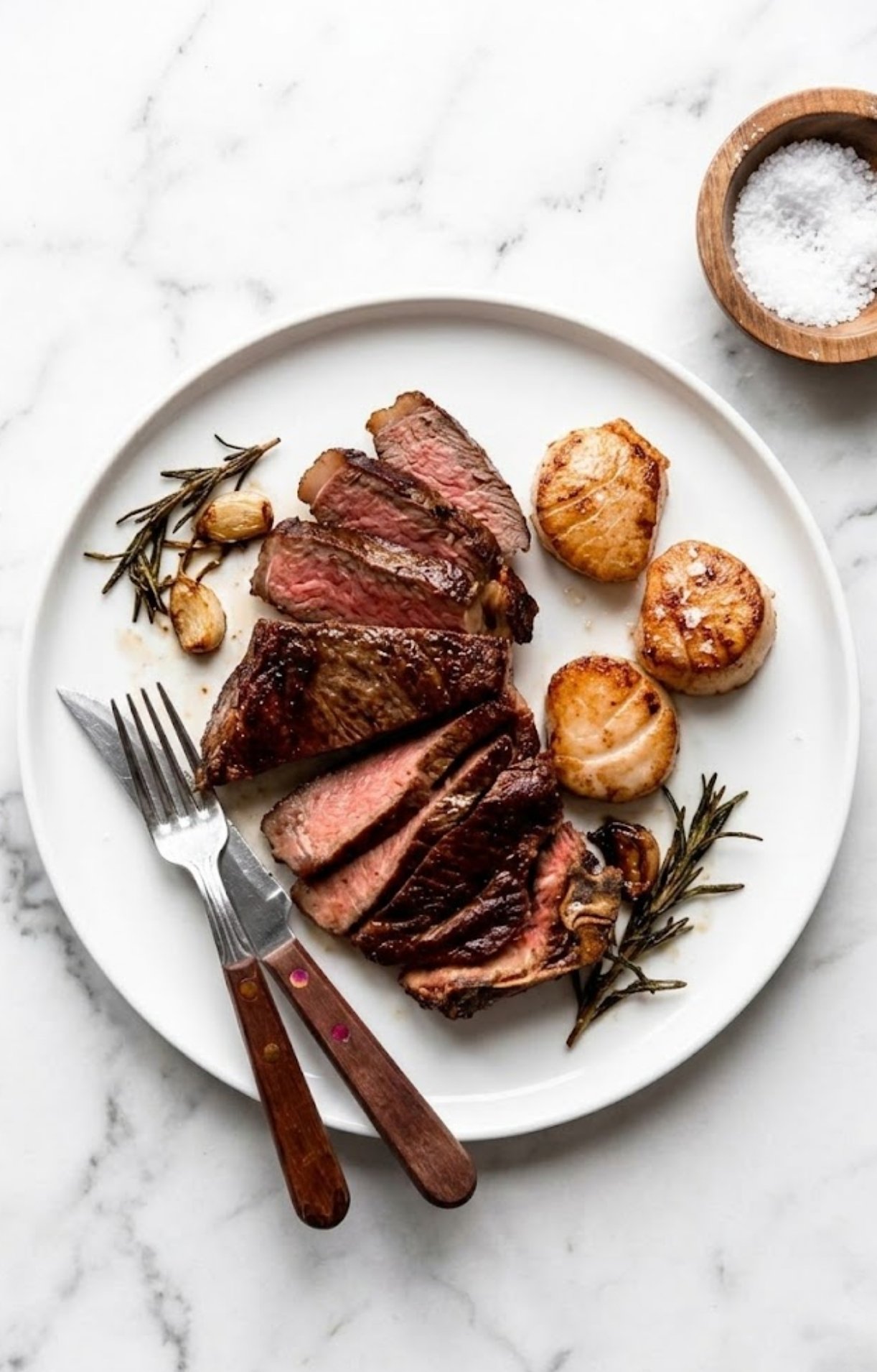 A top-down view of a sliced medium-rare dry aged rib eye steak served on a white plate with three golden seared scallops, roasted garlic, and a sprig of rosemary.