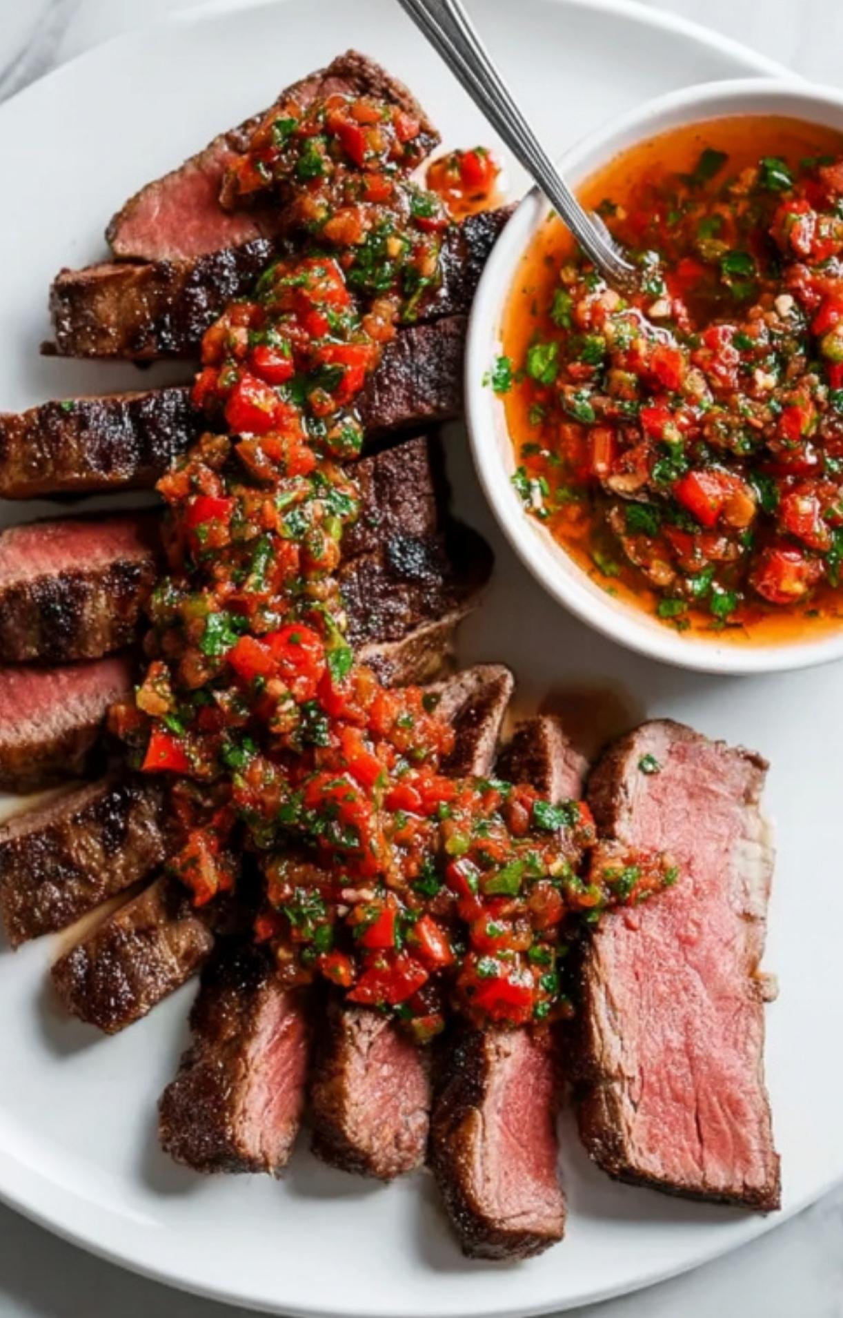 Sliced grilled flank steak topped with chunky red chimichurri sauce, served with extra sauce on the side. Perfect for summer BBQ, high protein dinners, and bold steak recipes.