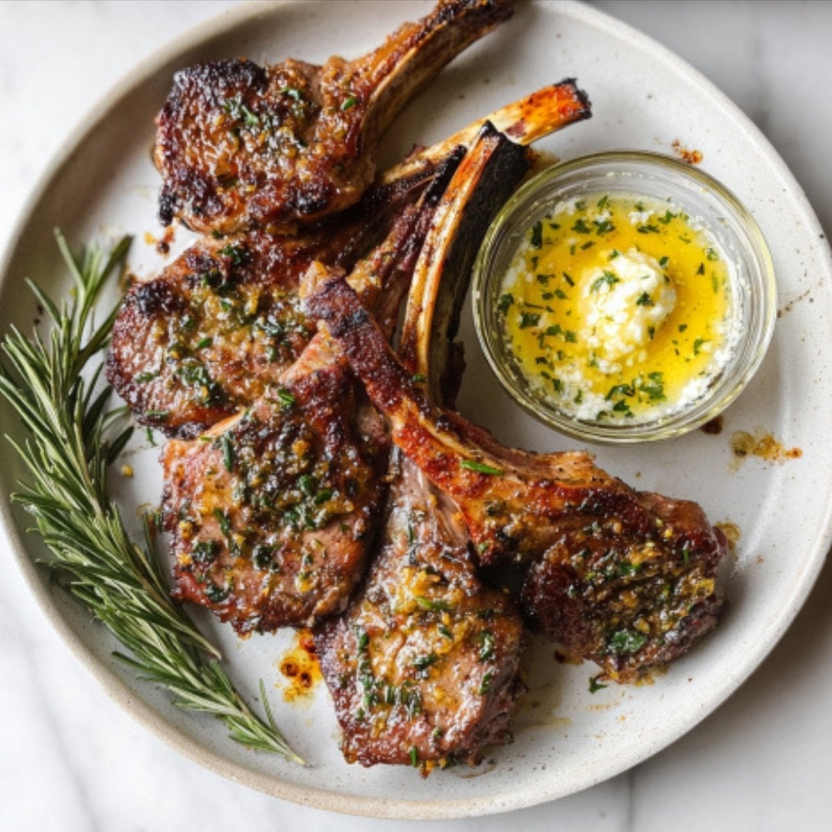 A plate of four juicy, seared air fryer lamb chops garnished with fresh rosemary and a side of melted garlic herb dipping butter.