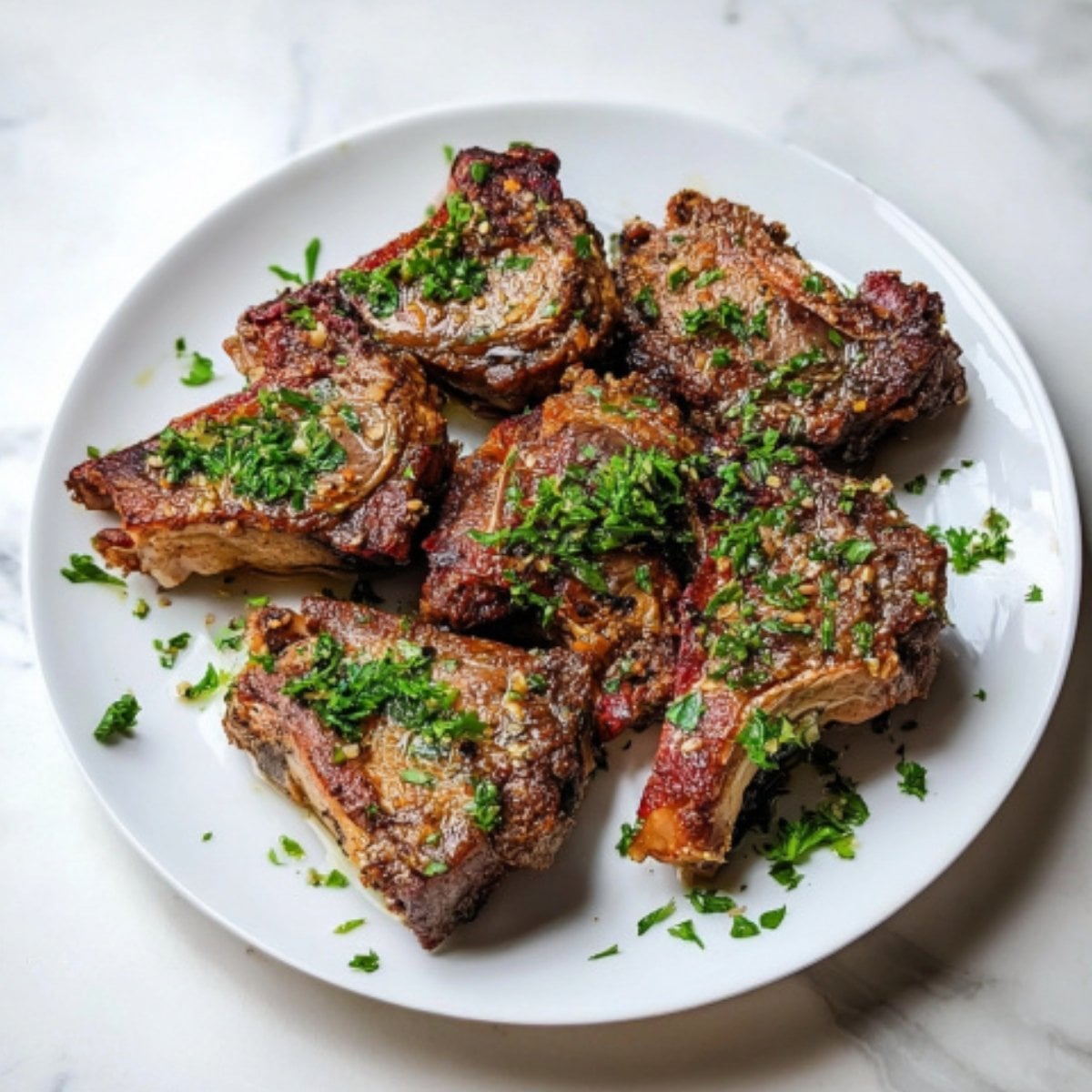 A professional food photography shot of a pile of herb-crusted lamb loin chops on a white plate, featuring a clean marble background.
