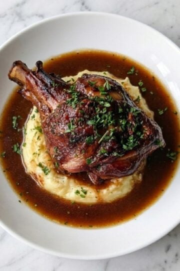 A complete meal featuring a braised lamb shank centered on mashed potatoes with a ring of rich reduction sauce.