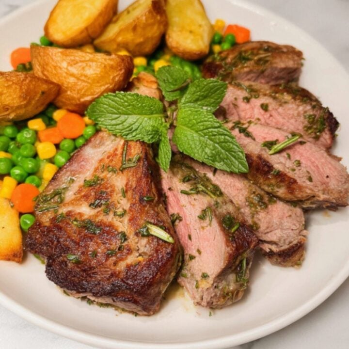 A close-up shot of sliced lamb steaks garnished with fresh mint, served with golden potatoes and mixed vegetables.