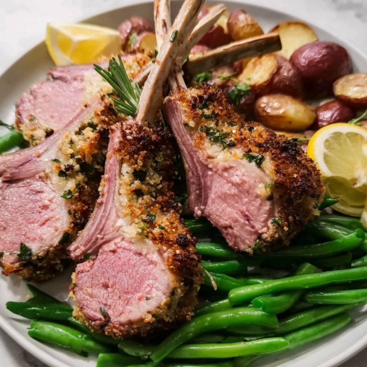 Slices of herb-crusted medium-rare lamb chops served with roasted red potatoes, green beans, and lemon wedges.