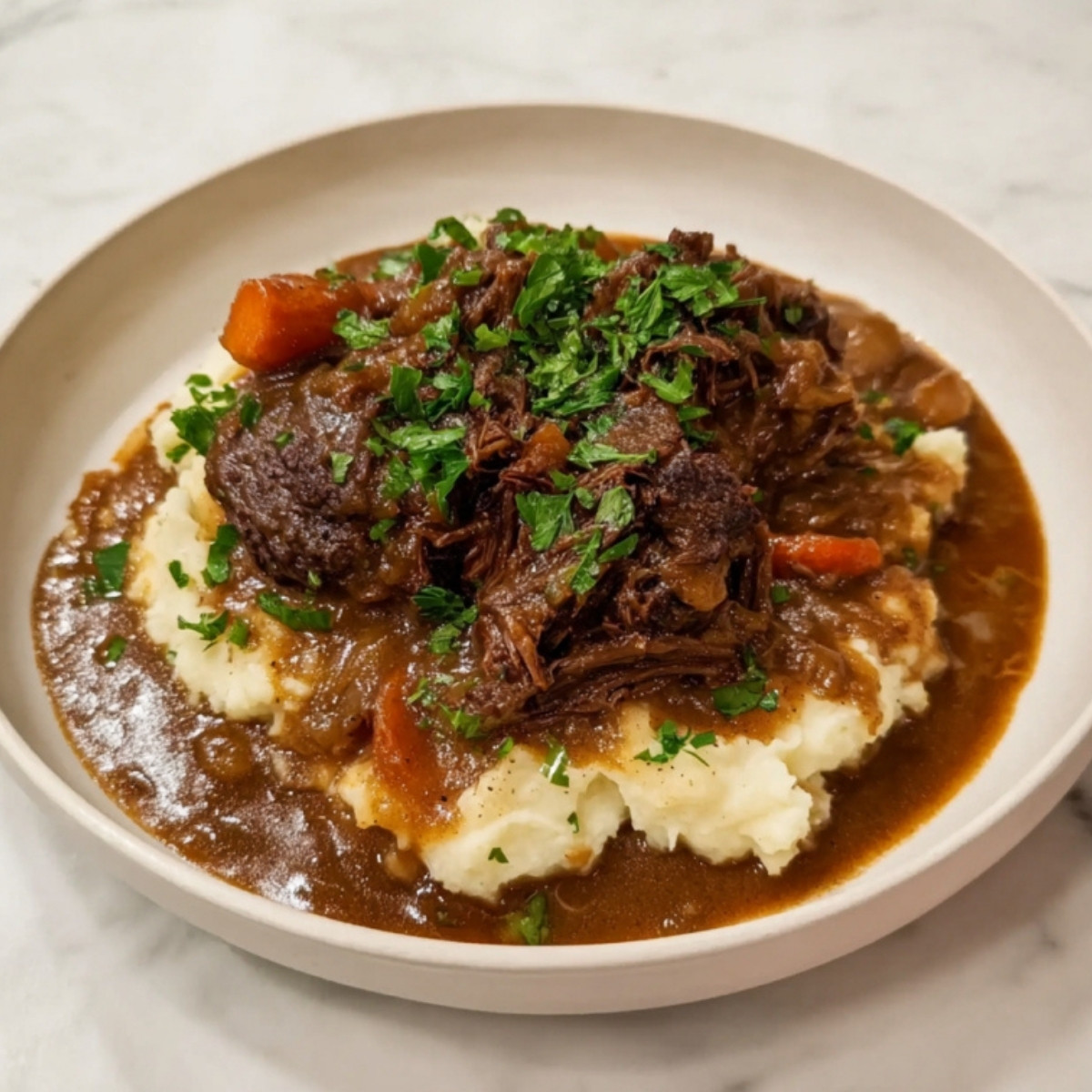 A comfort-style bowl of shredded Beef Cheeks and rich gravy served atop smooth mashed potatoes with a heavy garnish of fresh herbs.