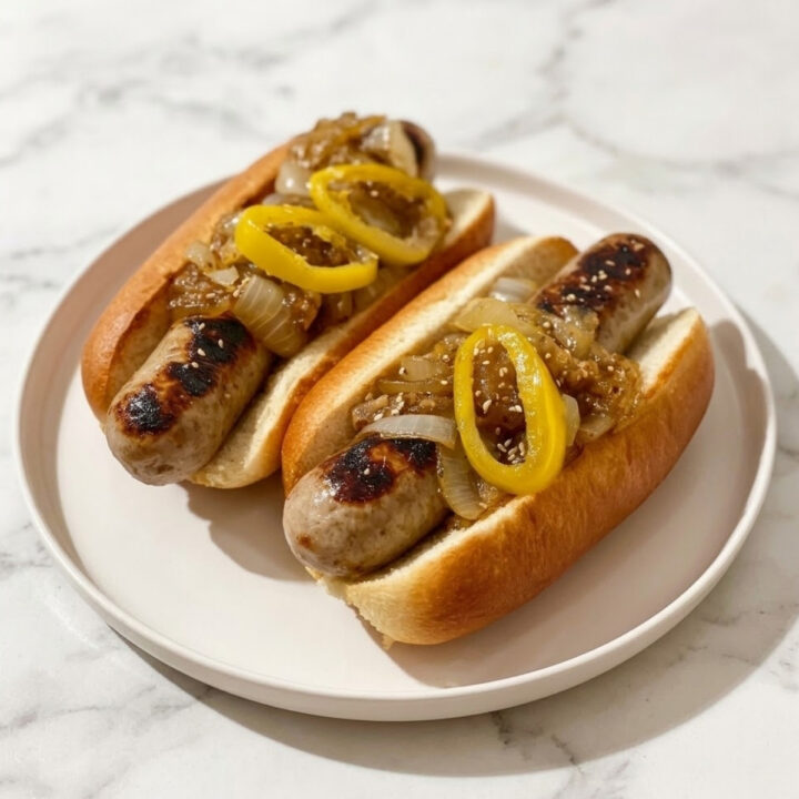 Two juicy grilled brats on buns topped with a mountain of savory beer-braised onions and banana peppers.