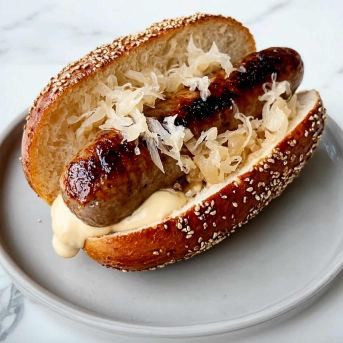 A single beer brat on grill served in a crusty roll with a generous heap of sauerkraut and creamy sauce.