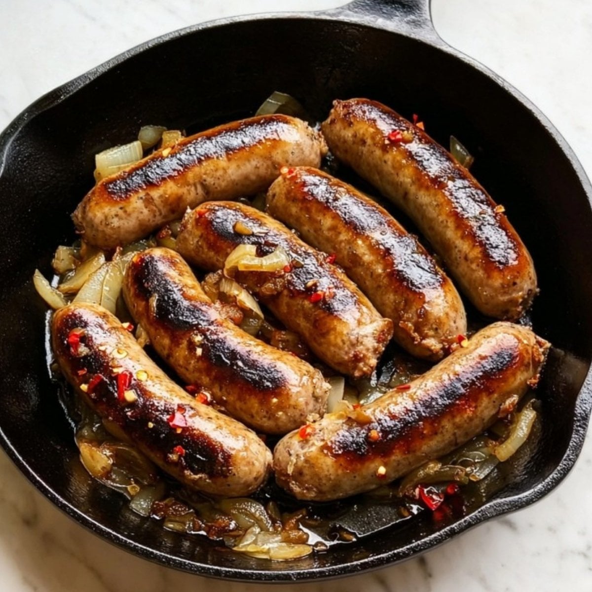 A close-up shot of grilled beer brats in a cast iron pan, showing deep sear marks and topped with sautéed onions and chili flakes.