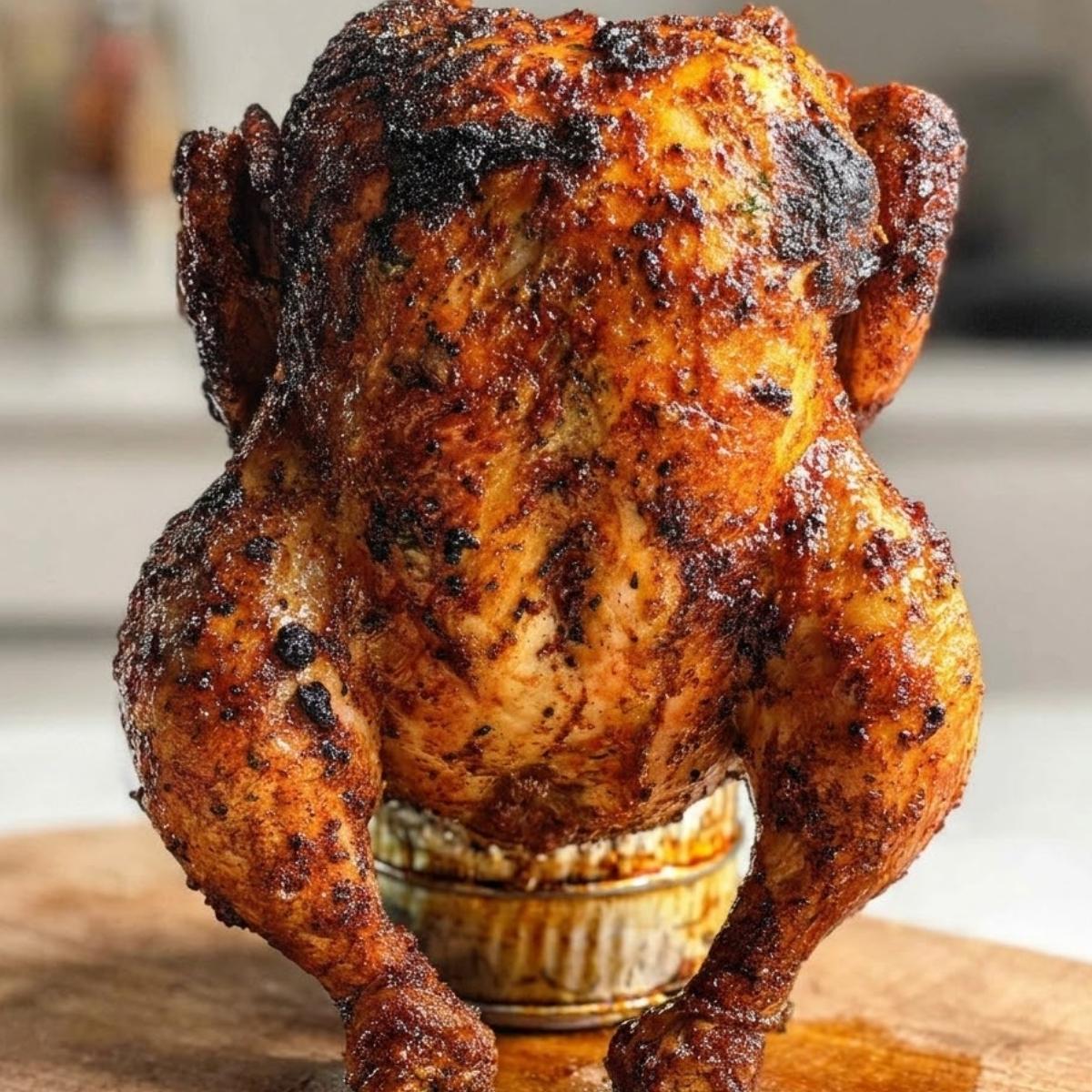 A whole roasted chicken standing upright on a beer can, featuring a perfectly charred and golden-brown skin.