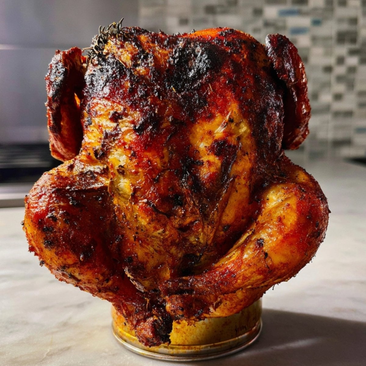 Close-up shot of a whole roasted beer can chicken with a deep golden-brown, crispy skin and fresh herbs on top.