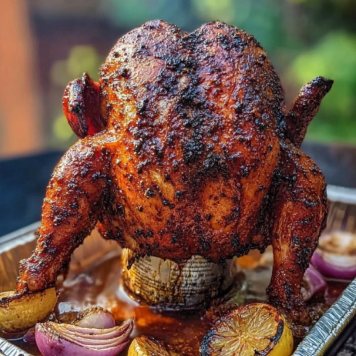 A whole seasoned chicken cooking vertically on a beer can atop a charcoal grill, with red onions and lemons charring in the drip pan.