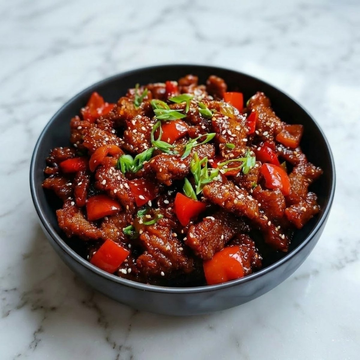 A dark bowl filled with crispy Beijing beef, red bell peppers, and onions, garnished with green onions and sesame seeds.