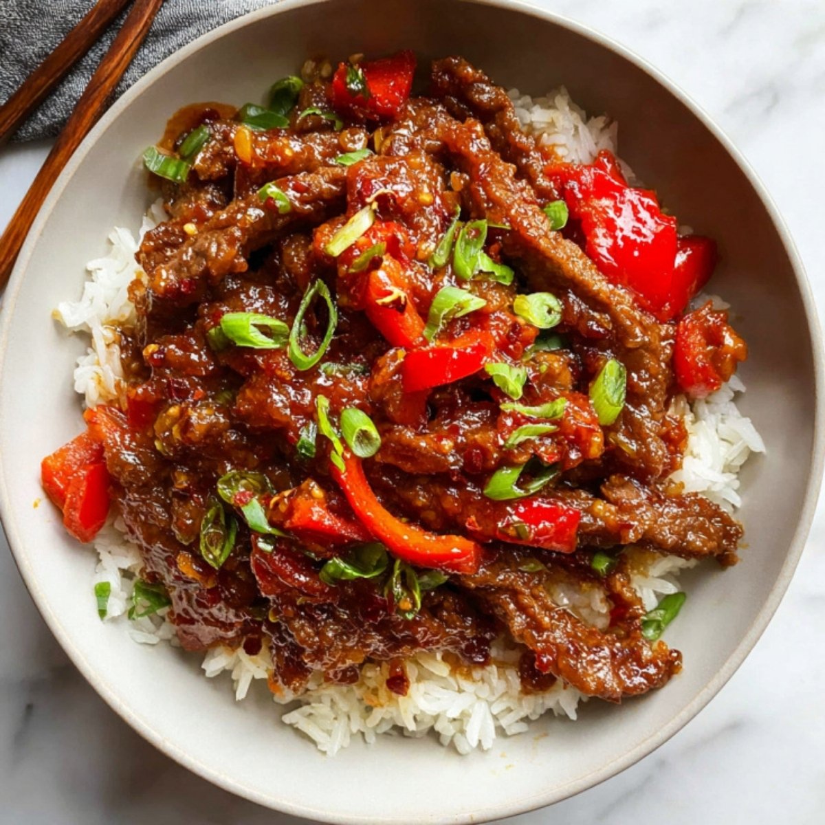 A top-down view of the completed Beijing Beef dish served in a bowl with rice and wooden chopsticks on the side.