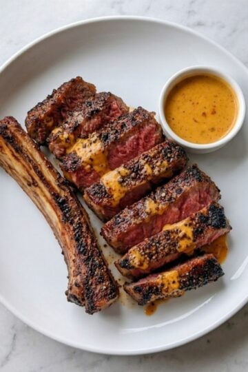 A high-angle shot of a beautifully plated smoked tomahawk steak on a white round plate. The steak is sliced into thick, tender pieces with a perfectly seared outer bark and a pink interior, drizzled with a rich orange peppercorn sauce. The large rib bone sits to the side, and a small white ramekin of extra sauce is placed in the corner on a marble background.