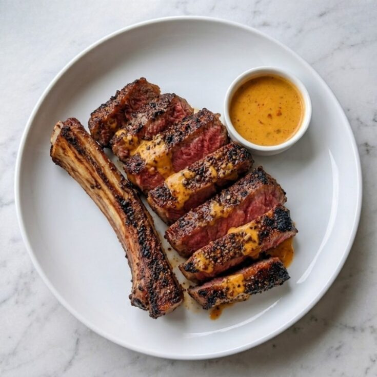 A high-angle shot of a beautifully plated smoked tomahawk steak on a white round plate. The steak is sliced into thick, tender pieces with a perfectly seared outer bark and a pink interior, drizzled with a rich orange peppercorn sauce. The large rib bone sits to the side, and a small white ramekin of extra sauce is placed in the corner on a marble background.
