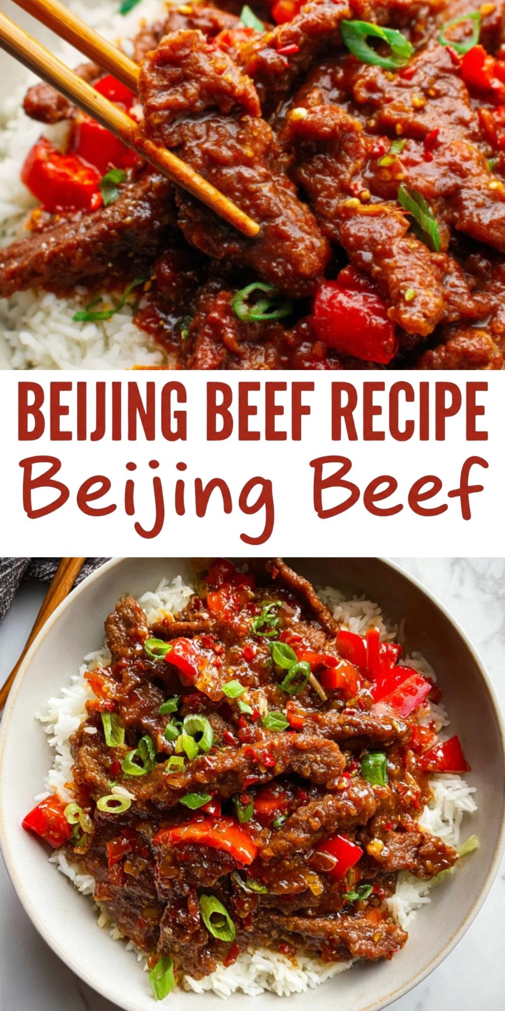 A vertical Pinterest pin featuring a close-up of crispy Beijing Beef being held by chopsticks and a full bowl of the dish over white rice with the text "Beijing Beef Recipe."
