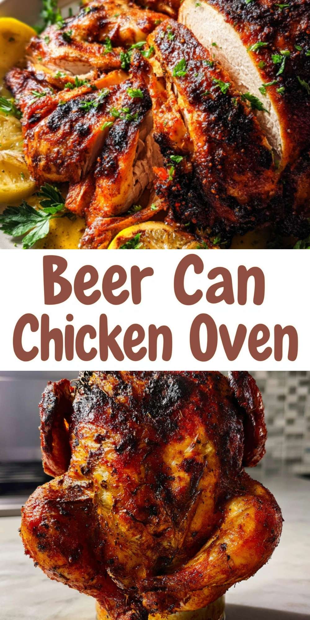 A Pinterest pin graphic featuring images of sliced chicken and a whole roasted chicken with the text "Beer Can Chicken Oven."