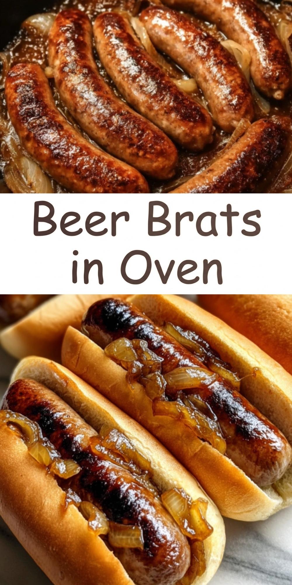 A vertical Pinterest graphic featuring a split layout of sizzling beer brats in a pan and close-up toasted bratwurst buns with the text "Beer Brats in Oven."