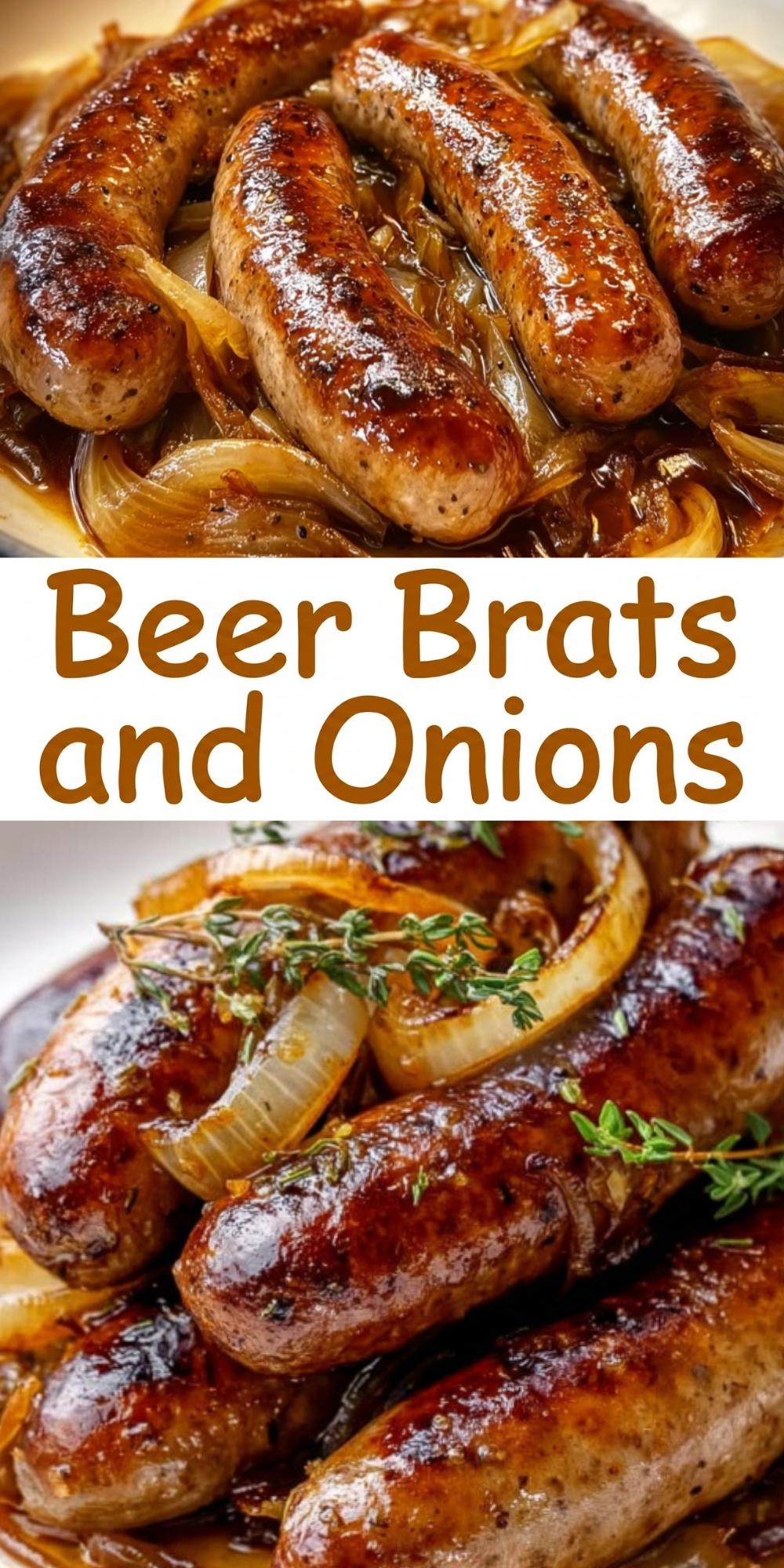 A vertical Pinterest pin featuring two stacked images: the top shows four glossy beer-braised brats nestled in caramelized onions, and the bottom shows three seared bratwursts garnished with fresh thyme and onion rings, with the text "Beer Brats and Onions" in a brown font in the center.