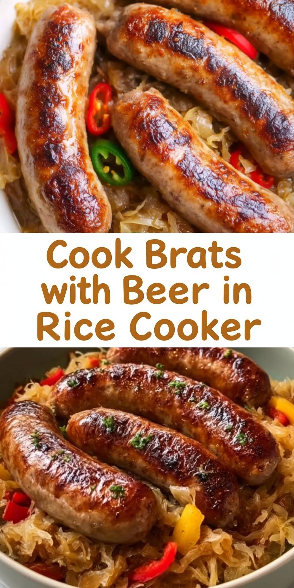 A vertical Pinterest pin layout featuring two photos of beer-cooked brats over sauerkraut with text overlaying the center.