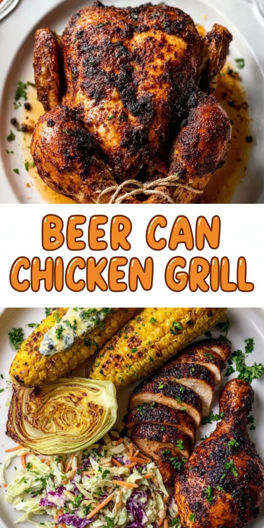 A vertical Pinterest pin layout featuring a whole roasted chicken on top and a plated meal with sliced chicken, grilled corn, and coleslaw on the bottom.