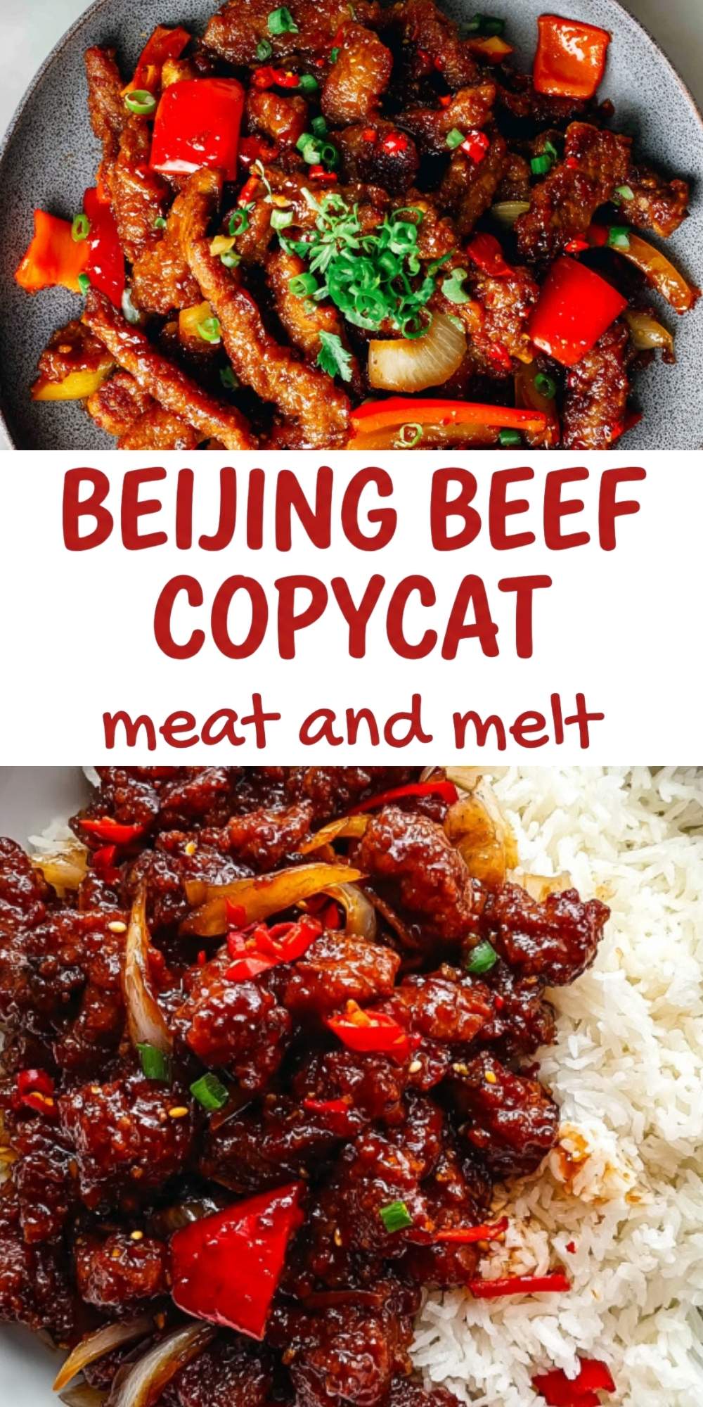 A vertical collage featuring the title "BEIJING BEEF COPYCAT" with images of the plated beef and the dish served over white rice.