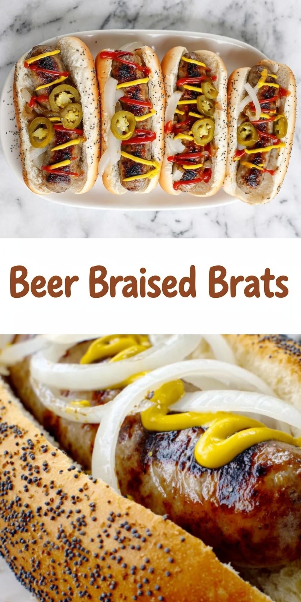 A vertical Pinterest graphic showing a platter of loaded brats and a close-up of a brat with onions and mustard.