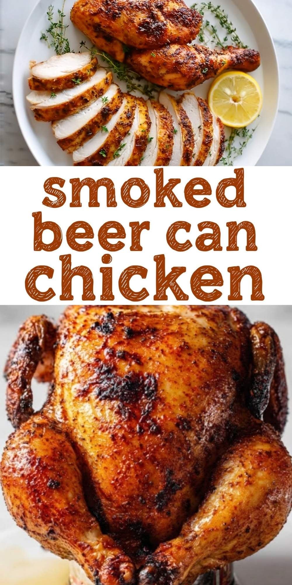 A Pinterest-style graphic featuring two photos of smoked beer can chicken: the top shows a sliced chicken breast with a drumstick, lemon, and herbs on a white plate, and the bottom shows a whole roasted chicken standing upright on a beer can, separated by the text "smoked beer can chicken."