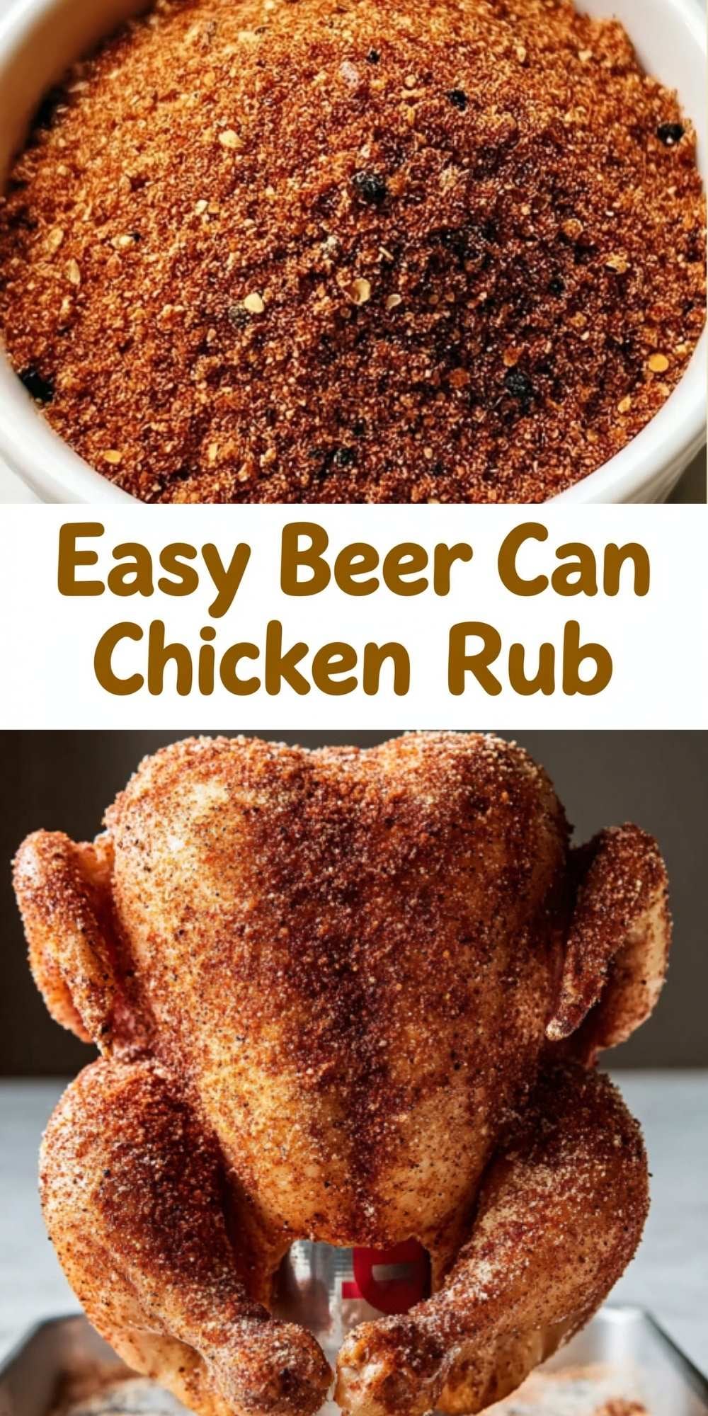 A vertical collage for Pinterest featuring the mixed dry rub at the top and the prepared beer can chicken at the bottom with text overlay.