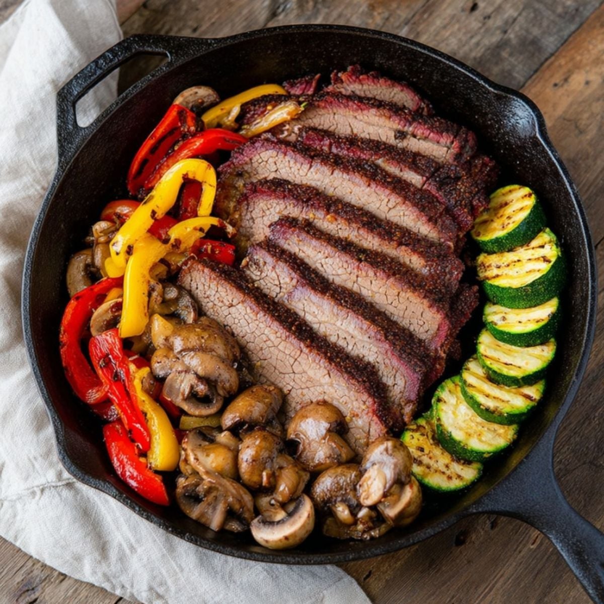 Slices of juicy Electric Smoker Beef Brisket served in a cast-iron skillet with grilled zucchini, mushrooms, and bell peppers.