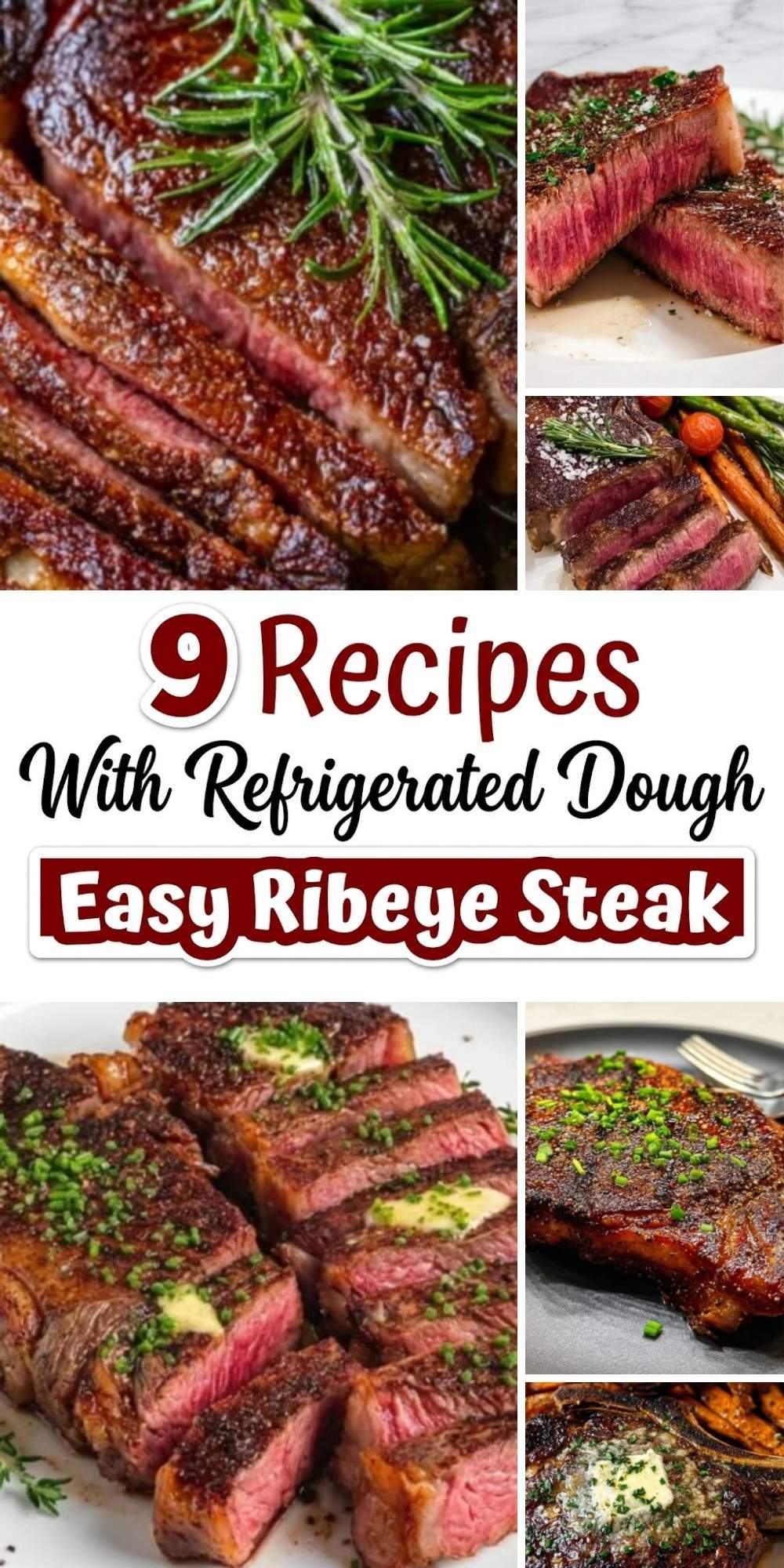 Juicy ribeye steak slices cooked medium rare with a crispy seared crust, topped with fresh herbs and butter, served in multiple delicious variations.