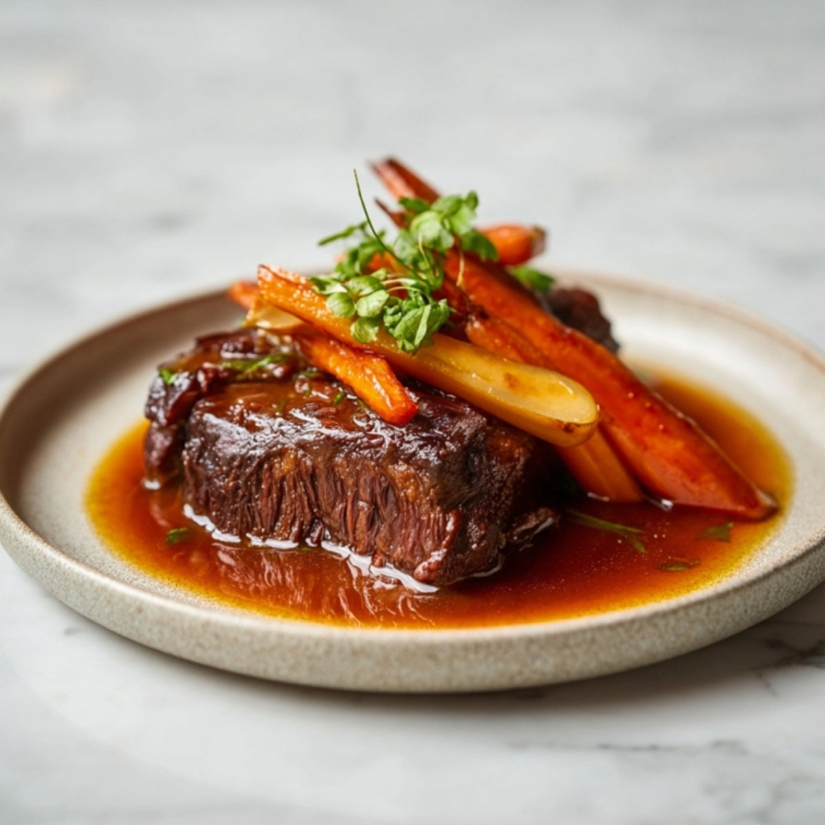 A gourmet plating of tender slow cooker beef cheeks glazed in a rich red wine reduction, topped with fresh microgreens and served alongside honey-roasted carrots on a cream-colored ceramic plate.